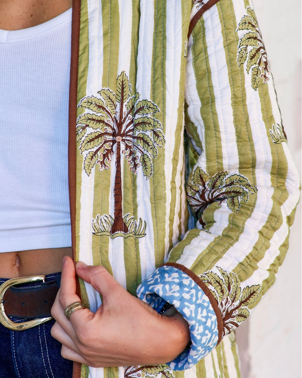 Reversible Quilted Jacket - Olive Stripe & Blue Palm