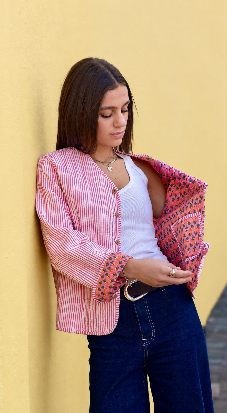 Reversible Cropped Quilted Jacket - Pink Stripe & Floral