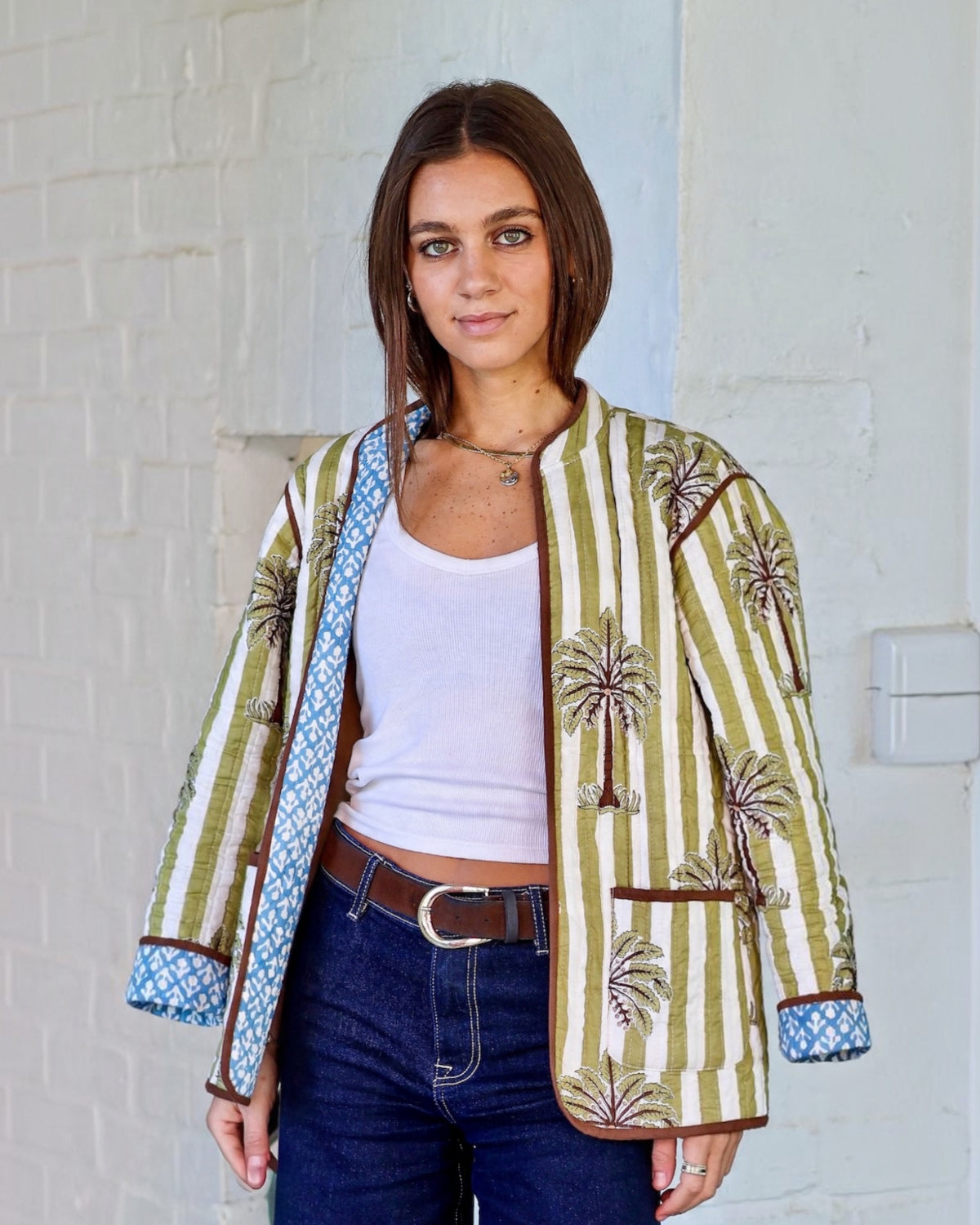 Reversible Quilted Jacket - Olive Stripe & Blue Palm