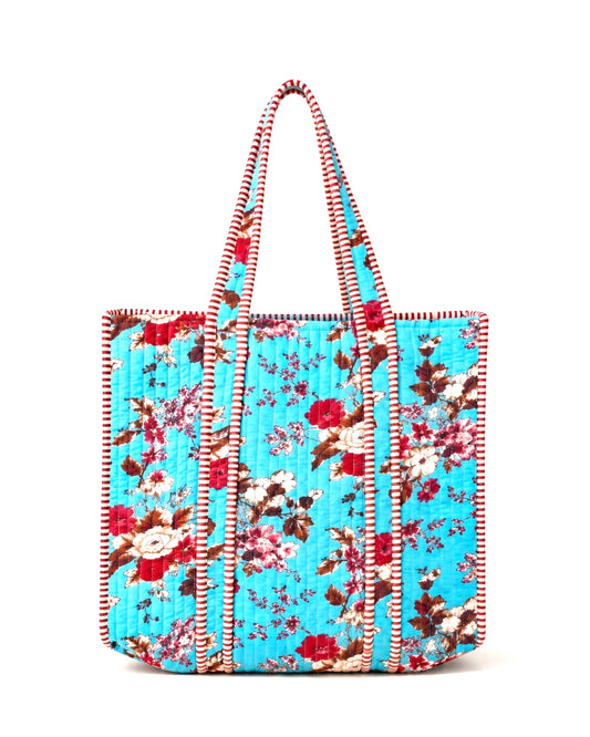 Aqua Floral Large Quilted Tote