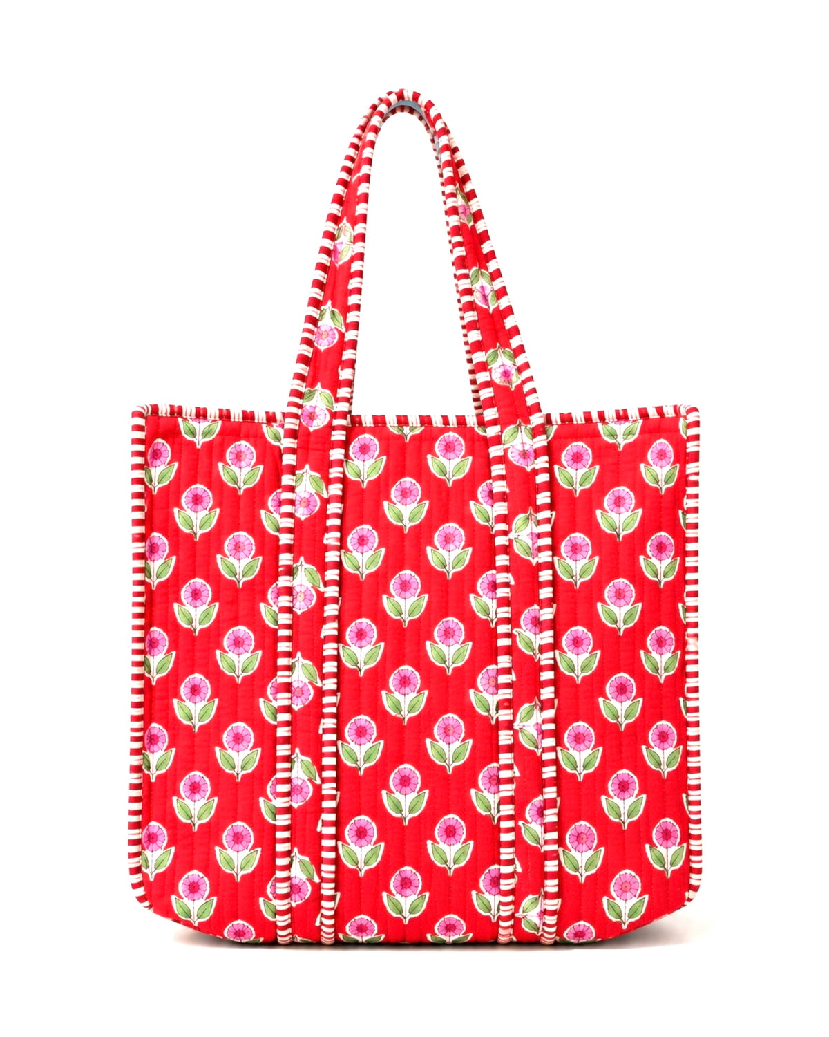 Red Pink Floral Large Quilted Tote