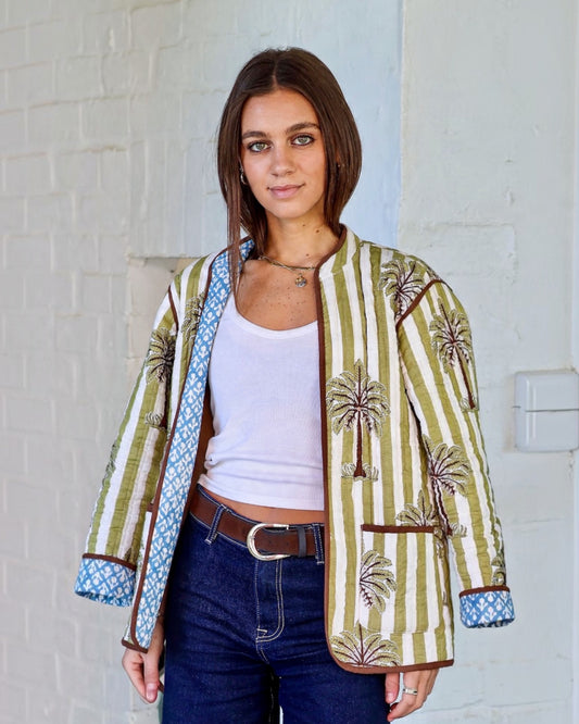 Reversible Quilted Jacket - Olive Stripe & Blue Palm