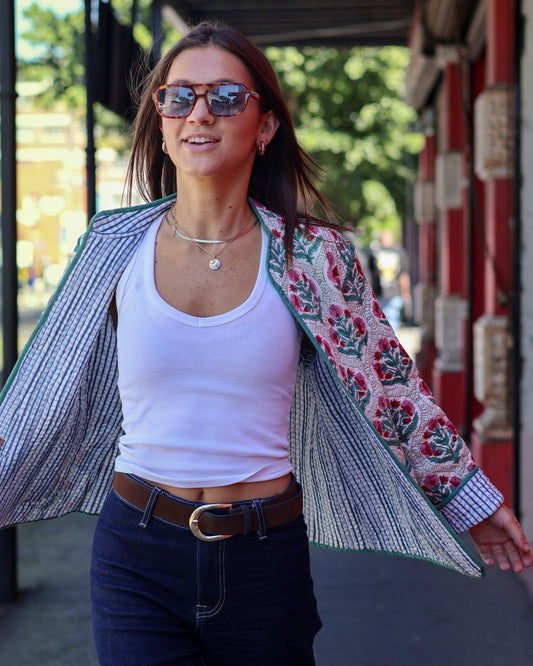 Reversible Quilted Jacket | Pink Poppy & Blue Check