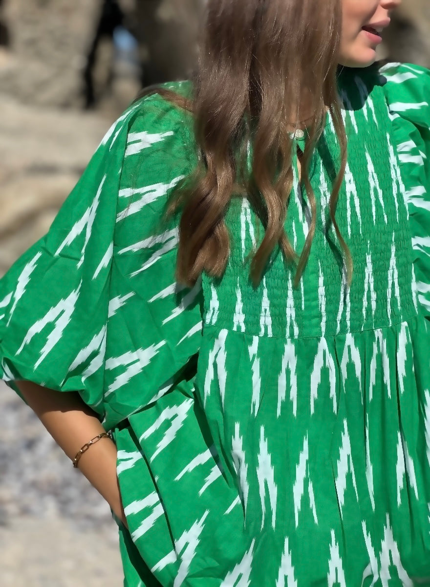 The Savannah Dress in Cotton | Green Ikat