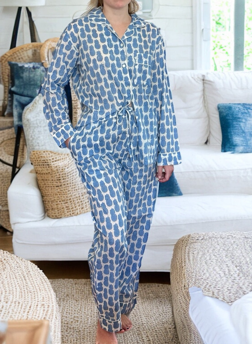 Long Pyjama Set - 3pcs - Blue Pineapple