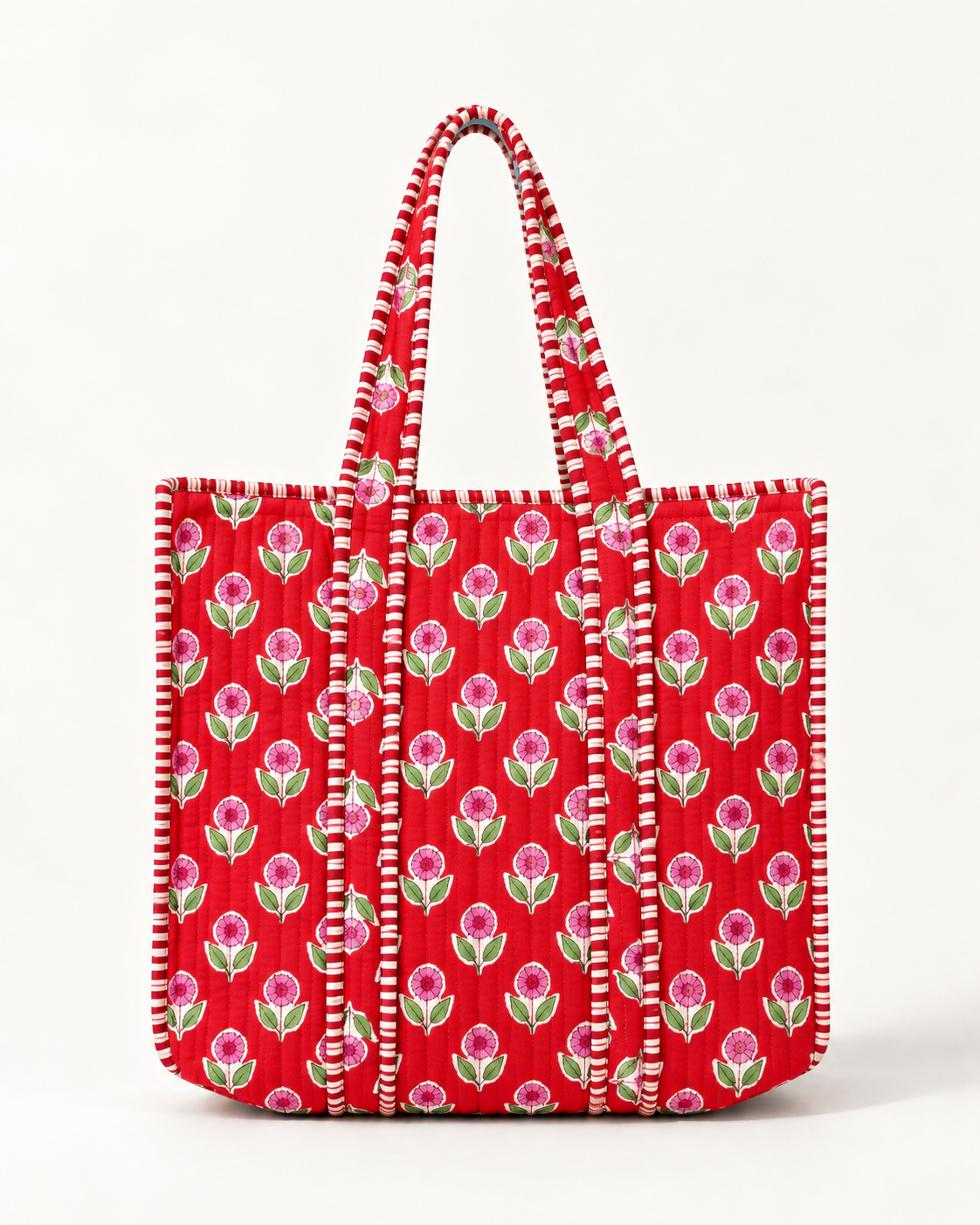 Red Pink Floral Quilted Tote