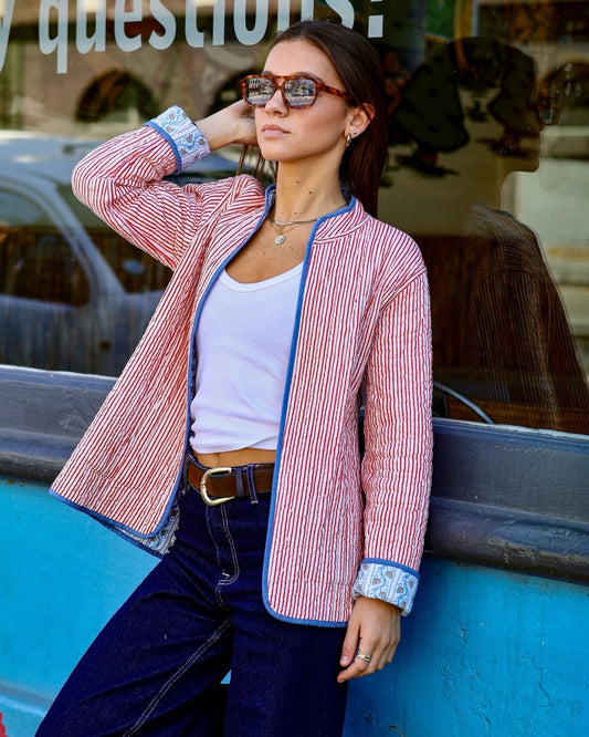 Reversible Quilted Jacket – Red Stripe & Blue Floral
