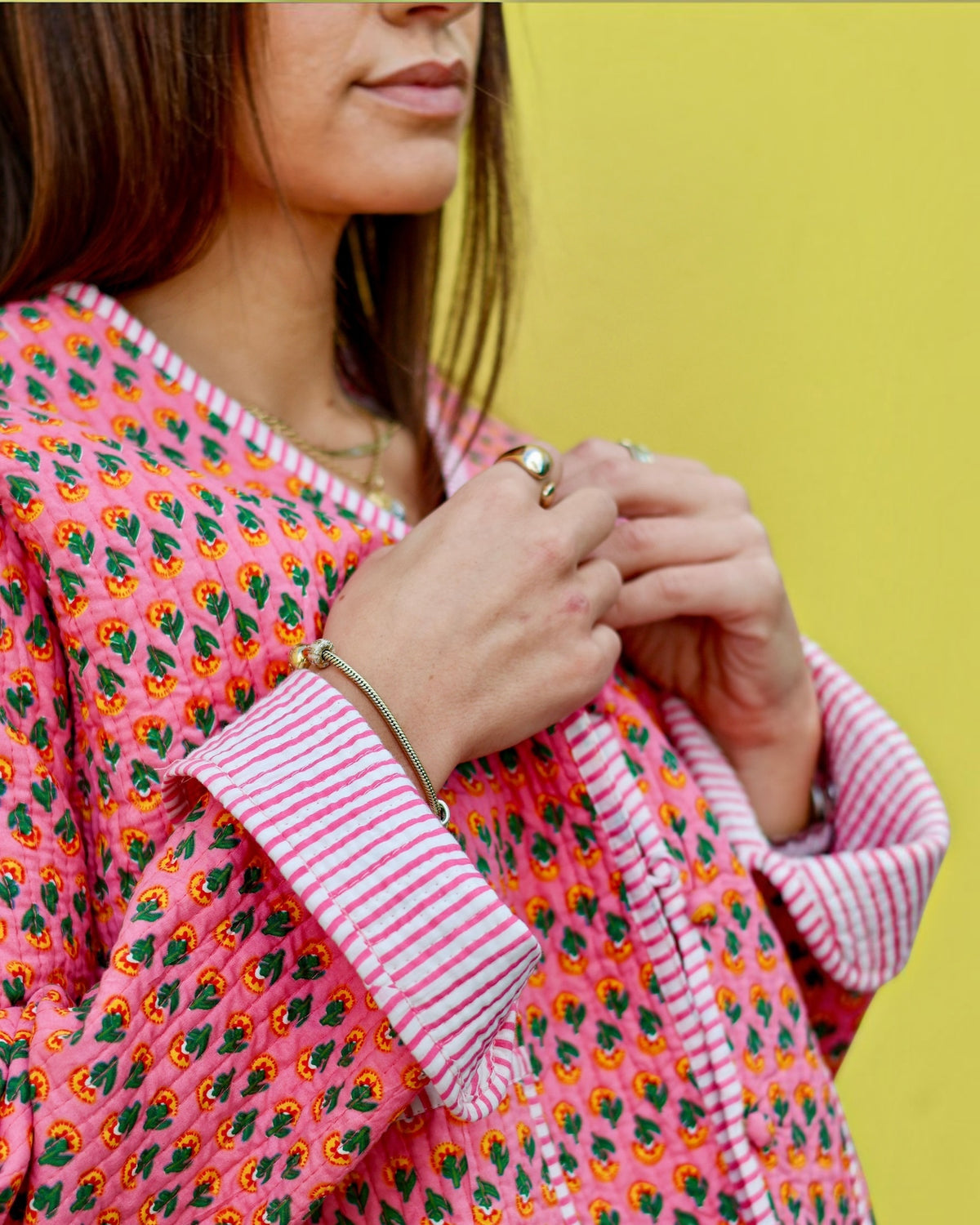 Reversible Cropped Quilted Jacket - Pink Stripe & Floral