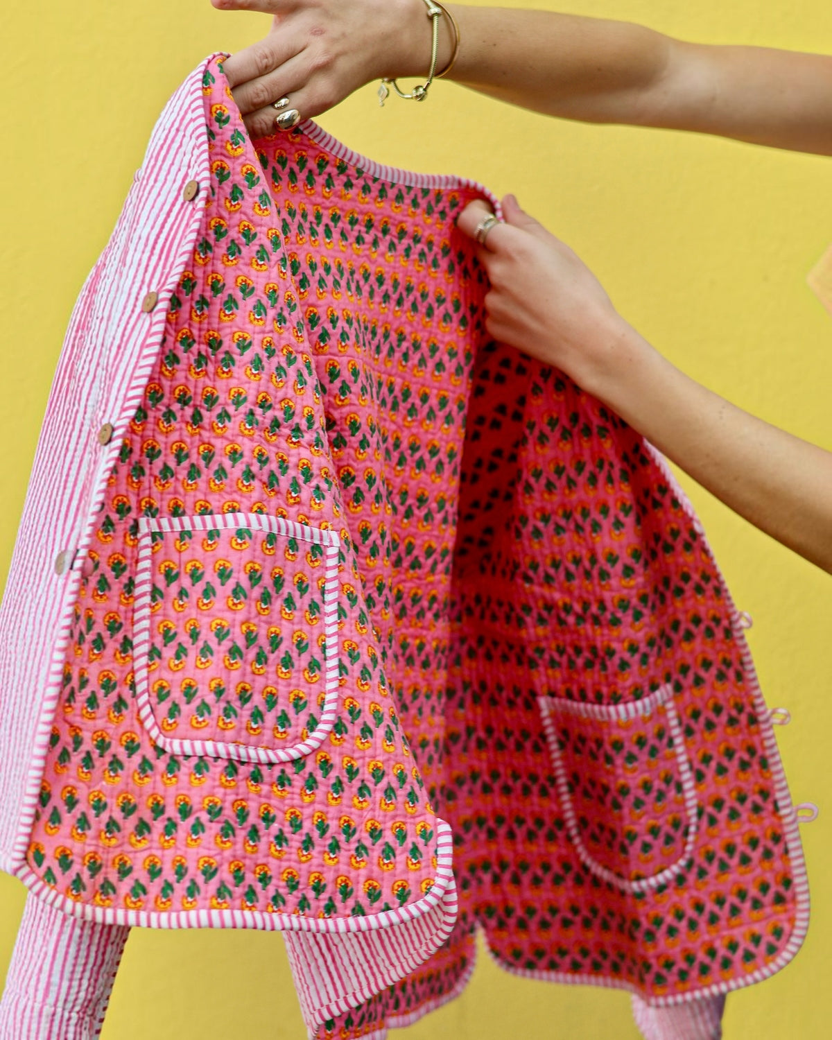Reversible Cropped Quilted Jacket - Pink Stripe & Floral