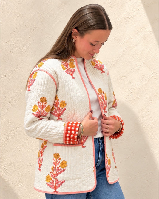 Reversible Quilted Jacket - Red Check & Latte Floral