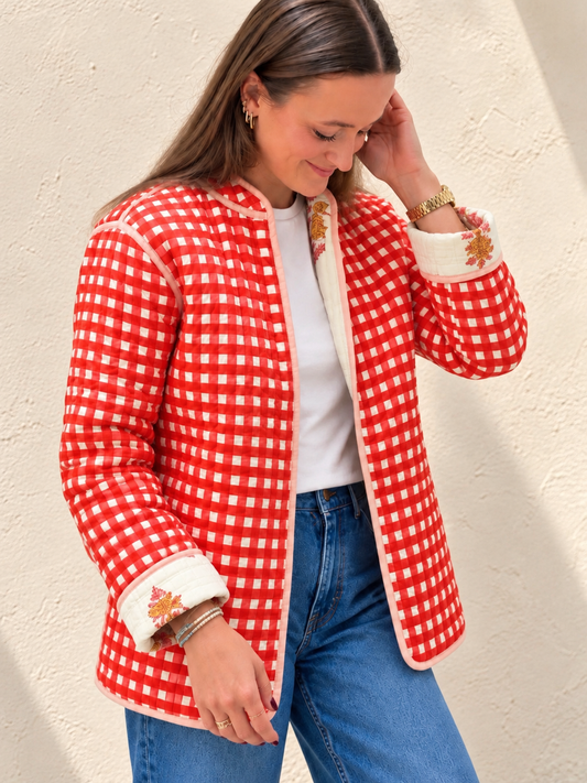 Reversible Quilted Jacket - Red Check & Latte Floral